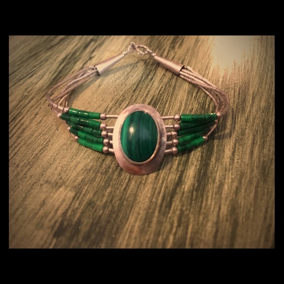 Jewelry - 6” sterling malachite and liquid silver  bracelet
